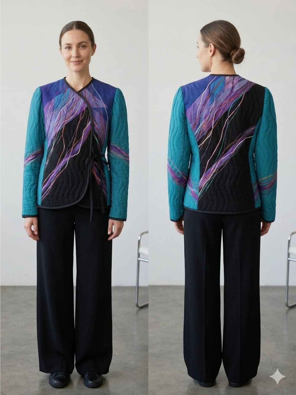 Vintage Abstract Quilted teal Purple Textile Art Boho lagen 80s Statement Sz-M/L